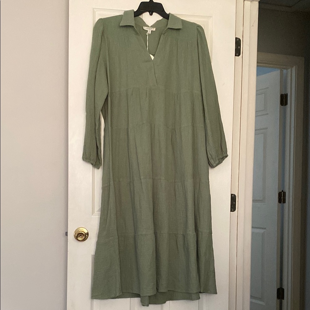 Umgee Green Long Sleeve Polo Collar Dress